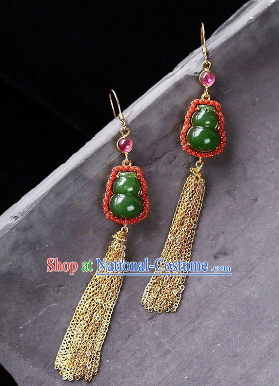 Handmade China Golden Tassel Ear National Jewelry Accessories Traditional Cheongsam Jade Gourd Earrings