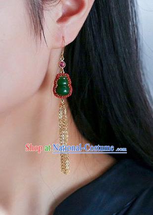 Handmade China Golden Tassel Ear National Jewelry Accessories Traditional Cheongsam Jade Gourd Earrings