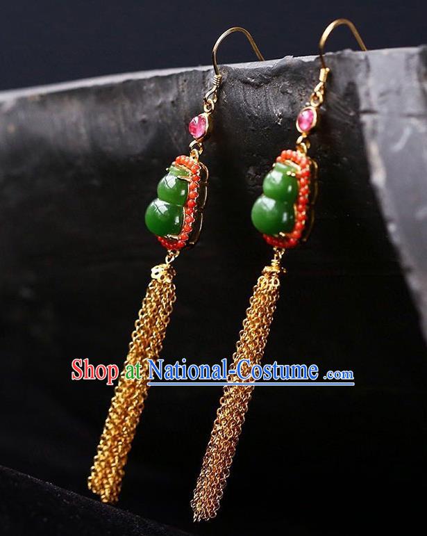 Handmade China Golden Tassel Ear National Jewelry Accessories Traditional Cheongsam Jade Gourd Earrings