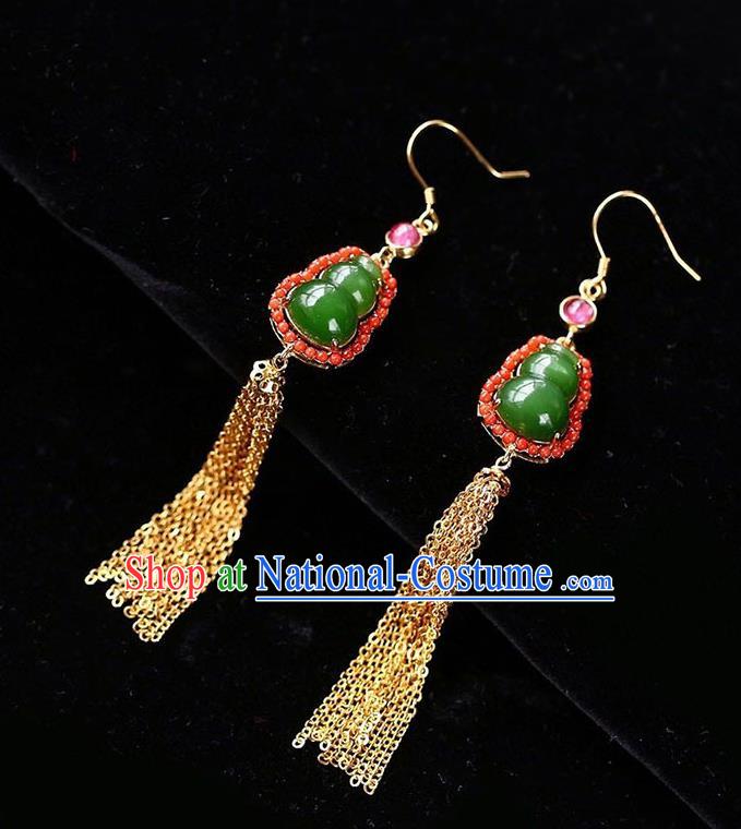 Handmade China Golden Tassel Ear National Jewelry Accessories Traditional Cheongsam Jade Gourd Earrings