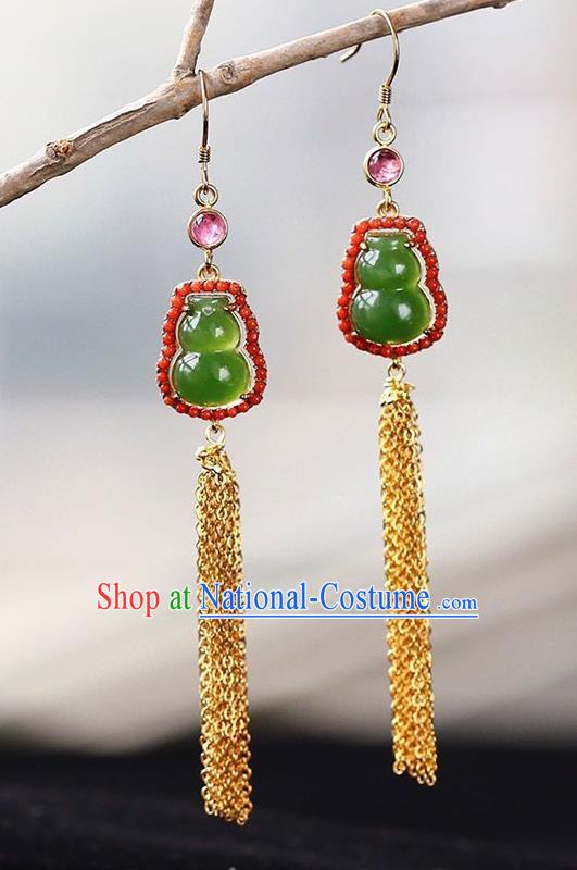 Handmade China Golden Tassel Ear National Jewelry Accessories Traditional Cheongsam Jade Gourd Earrings