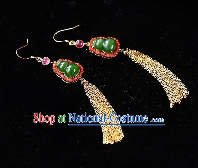 Handmade China Golden Tassel Ear National Jewelry Accessories Traditional Cheongsam Jade Gourd Earrings