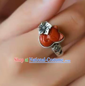 China National Agate Carving Fox Ring Jewelry Traditional Handmade Silver Circlet Accessories