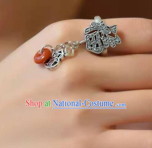 China National Agate Peace Buckle Ring Jewelry Traditional Handmade Silver Circlet Accessories