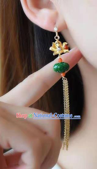 Handmade China Jade Carving Ear National Jewelry Accessories Traditional Cheongsam Golden Lotus Tassel Earrings