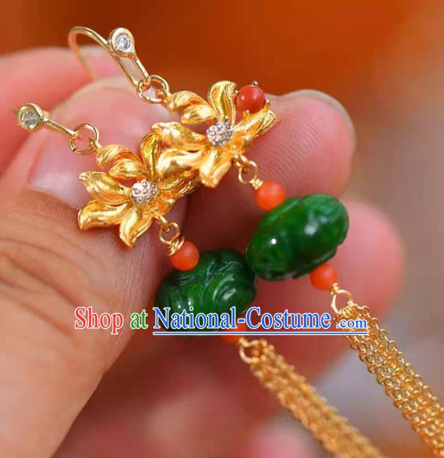 Handmade China Jade Carving Ear National Jewelry Accessories Traditional Cheongsam Golden Lotus Tassel Earrings