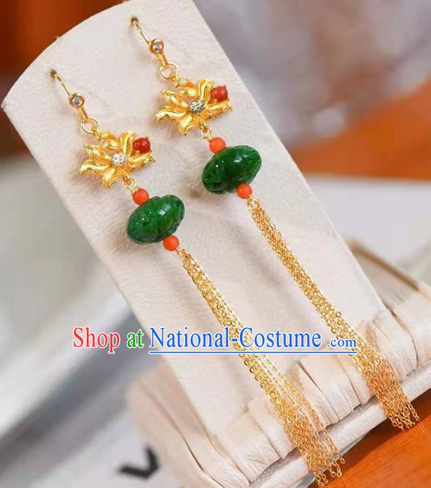 Handmade China Jade Carving Ear National Jewelry Accessories Traditional Cheongsam Golden Lotus Tassel Earrings