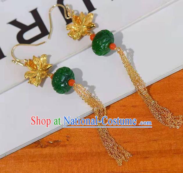 Handmade China Jade Carving Ear National Jewelry Accessories Traditional Cheongsam Golden Lotus Tassel Earrings