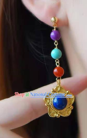 Handmade China Golden Ear National Jewelry Accessories Traditional Cheongsam Lapis Earrings