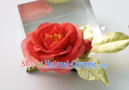 China Traditional Tang Dynasty Palace Lady Red Silk Camellia Hair Jewelry Handmade Hair Accessories Hairpin