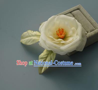 China Tang Dynasty White Silk Camellia Hair Stick Handmade Hair Accessories Traditional Flower Hairpin