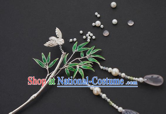 China Traditional Silver Bamboo Hairpin Handmade Hair Accessories Song Dynasty Pearls Tassel Hair Stick