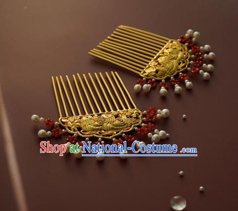 China Traditional Golden Mandarin Duck Hairpin Tang Dynasty Pearls Hair Comb Handmade Hair Accessories