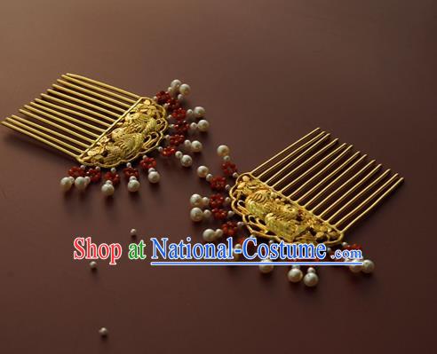 China Traditional Golden Mandarin Duck Hairpin Tang Dynasty Pearls Hair Comb Handmade Hair Accessories