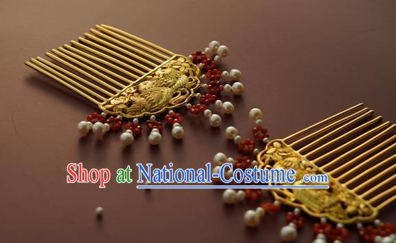 China Traditional Golden Mandarin Duck Hairpin Tang Dynasty Pearls Hair Comb Handmade Hair Accessories