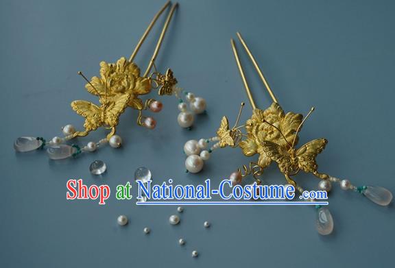 China Traditional Golden Butterfly Hairpin Handmade Hair Accessories Ming Dynasty Empress Hair Stick