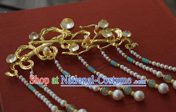 China Traditional Court Empress Golden Hairpin Handmade Hair Accessories Tang Dynasty Pearls Tassel Hair Comb