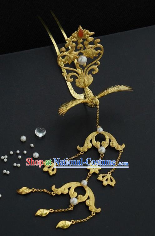 China Traditional Court Tassel Hairpin Handmade Hair Accessories Ming Dynasty Golden Phoenix Hair Crown