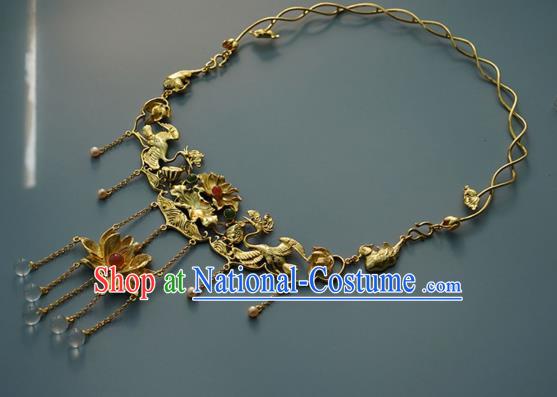 Chinese National Golden Lotus Necklace Handmade Min Dynasty Princess Jewelry Accessories Classical Necklet