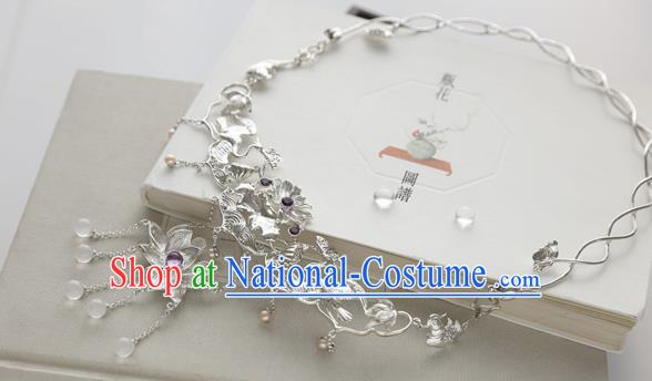 Chinese Classical Argent Necklet National Lotus Tassel Necklace Handmade Min Dynasty Princess Jewelry Accessories