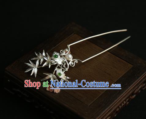 China Traditional Silver Bamboo Hair Stick Handmade Hair Accessories Jin Dynasty Pearl Hairpin