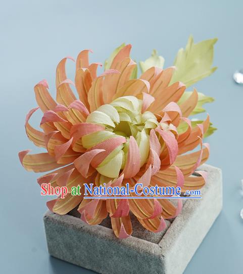 China Song Dynasty Hairpin Traditional Orange Silk Chrysanthemum Hair Stick Handmade Hair Accessories