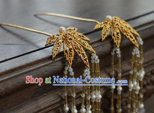 China Traditional Court Golden Leaf Hairpin Handmade Hair Accessories Tang Dynasty Tassel Hair Stick