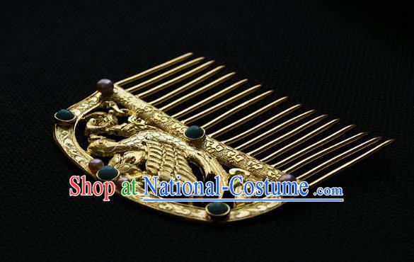 China Tang Dynasty Empress Gems Hairpin Handmade Hair Accessories Traditional Golden Phoenix Hair Comb