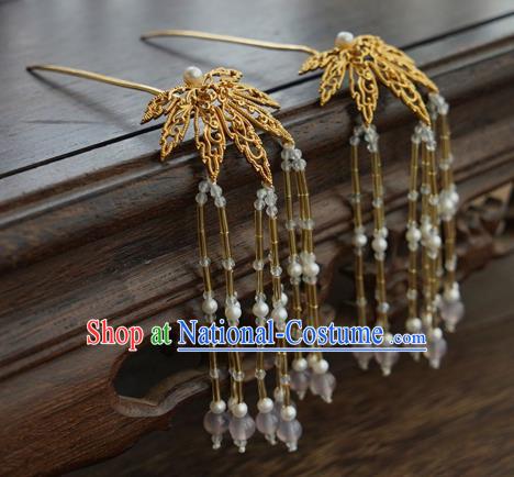 China Traditional Court Golden Leaf Hairpin Handmade Hair Accessories Tang Dynasty Tassel Hair Stick