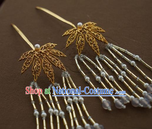 China Traditional Court Golden Leaf Hairpin Handmade Hair Accessories Tang Dynasty Tassel Hair Stick