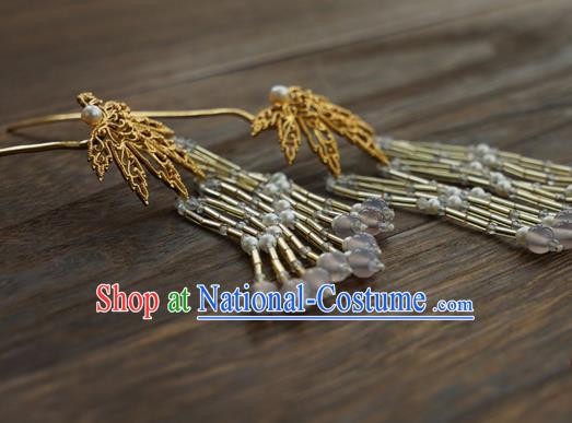 China Traditional Court Golden Leaf Hairpin Handmade Hair Accessories Tang Dynasty Tassel Hair Stick