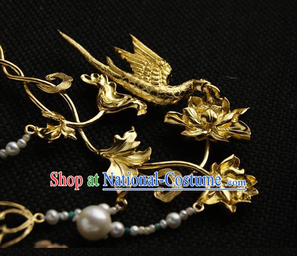 China Ming Dynasty Empress Tassel Hairpin Handmade Hair Accessories Traditional Golden Phoenix Lotus Hair Stick