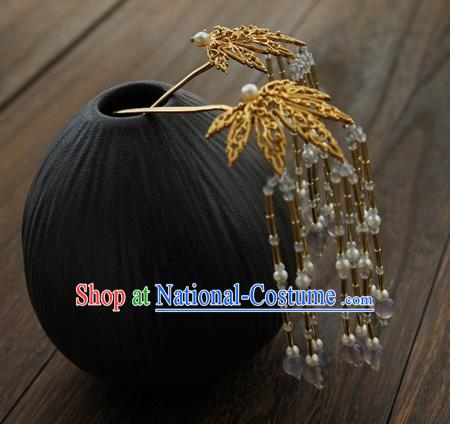 China Traditional Court Golden Leaf Hairpin Handmade Hair Accessories Tang Dynasty Tassel Hair Stick