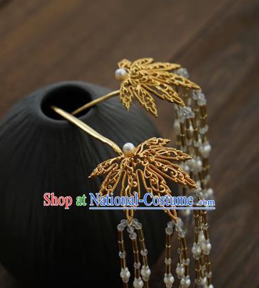 China Traditional Court Golden Leaf Hairpin Handmade Hair Accessories Tang Dynasty Tassel Hair Stick