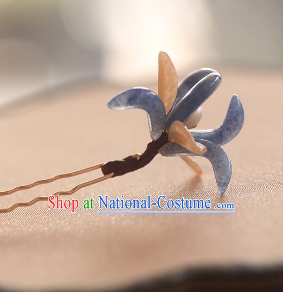 China Ancient Princess Hair Stick Handmade Hair Accessories Traditional Song Dynasty Blue Jade Orchid Hairpin