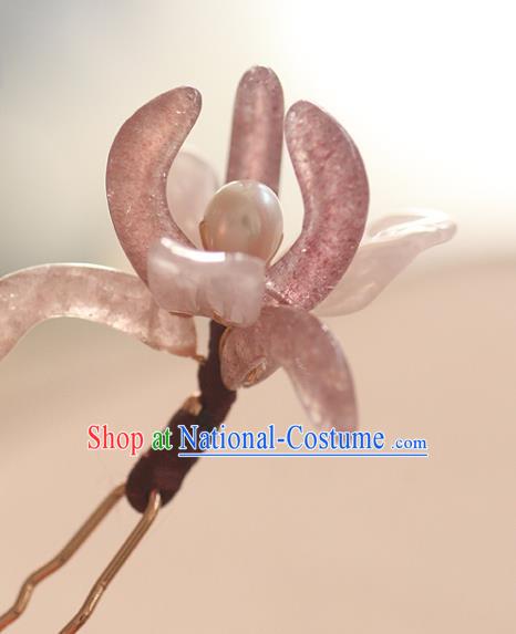 China Traditional Song Dynasty Rose Quartz Orchid Hairpin Ancient Princess Hair Stick Handmade Hair Accessories