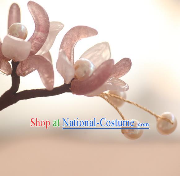 China Ancient Princess Pearls Hair Stick Handmade Hair Accessories Traditional Song Dynasty Rose Quartz Orchids Hairpin