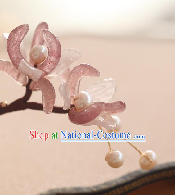 China Ancient Princess Pearls Hair Stick Handmade Hair Accessories Traditional Song Dynasty Rose Quartz Orchids Hairpin