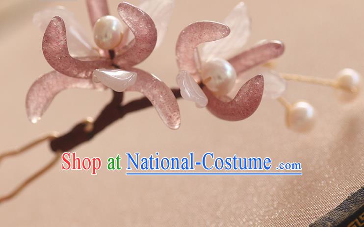 China Ancient Princess Pearls Hair Stick Handmade Hair Accessories Traditional Song Dynasty Rose Quartz Orchids Hairpin