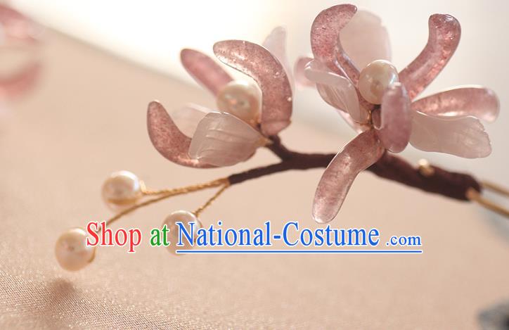 China Ancient Princess Pearls Hair Stick Handmade Hair Accessories Traditional Song Dynasty Rose Quartz Orchids Hairpin