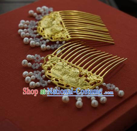 China Traditional Court Golden Hairpin Handmade Hair Accessories Ming Dynasty Pearls Tassel Hair Comb