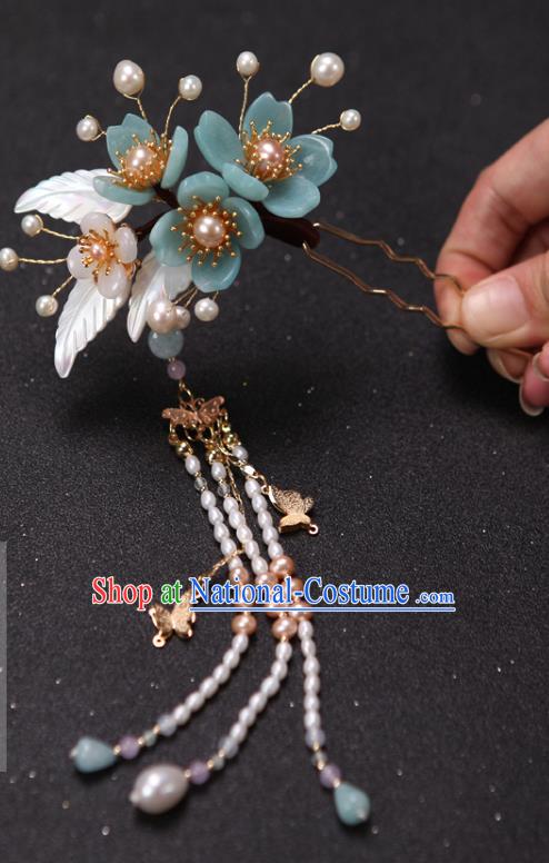 China Handmade Blue Plum Hairpin Traditional Ming Dynasty Hair Accessories Ancient Princess Pearls Tassel Hair Stick