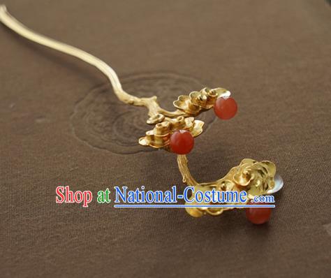 China Traditional Court Lady Agate Beads Hairpin Handmade Hair Accessories Song Dynasty Golden Hair Stick