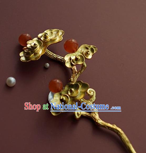 China Traditional Court Lady Agate Beads Hairpin Handmade Hair Accessories Song Dynasty Golden Hair Stick