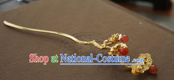 China Traditional Court Lady Agate Beads Hairpin Handmade Hair Accessories Song Dynasty Golden Hair Stick