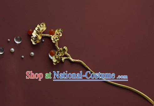 China Traditional Court Lady Agate Beads Hairpin Handmade Hair Accessories Song Dynasty Golden Hair Stick