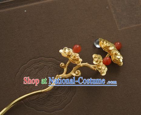 China Traditional Court Lady Agate Beads Hairpin Handmade Hair Accessories Song Dynasty Golden Hair Stick