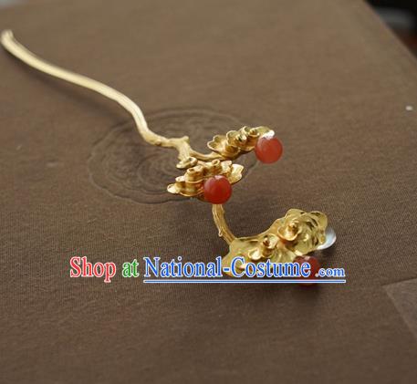 China Traditional Court Lady Agate Beads Hairpin Handmade Hair Accessories Song Dynasty Golden Hair Stick