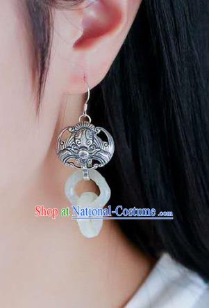 Handmade China Silver Carving Bat Ear Jewelry Accessories Traditional National Cheongsam Jade Bamboo Earrings