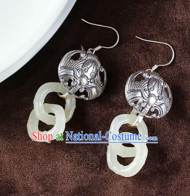 Handmade China Silver Carving Bat Ear Jewelry Accessories Traditional National Cheongsam Jade Bamboo Earrings